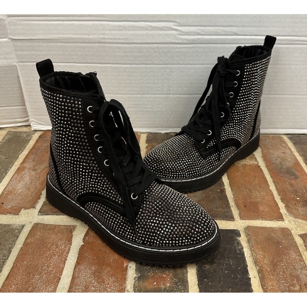 Madden Girl Black Studded Combat Boots Rhinestone‎ Grunge Goth Women's 8.5